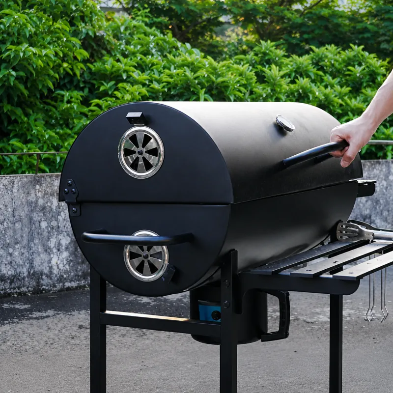 Backyard BBQ grill burning off residue before cleaning